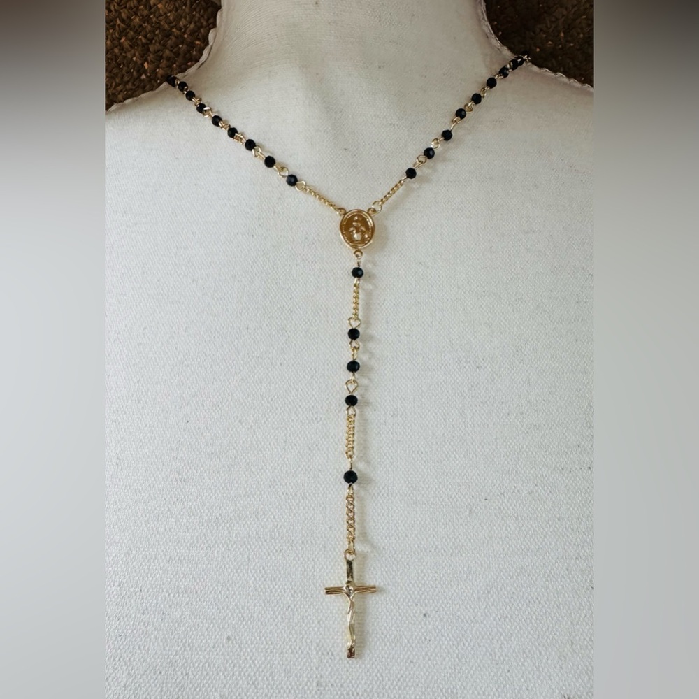 Pretty Bird Gold and Black Rosary Y Necklace with Cross